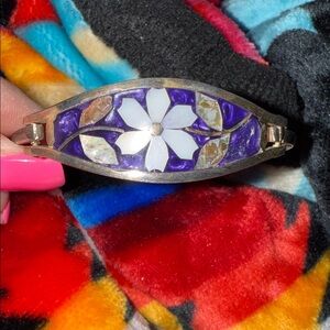 Antique Alpaca Silver Purple and White Floral Abalone Bracelet small